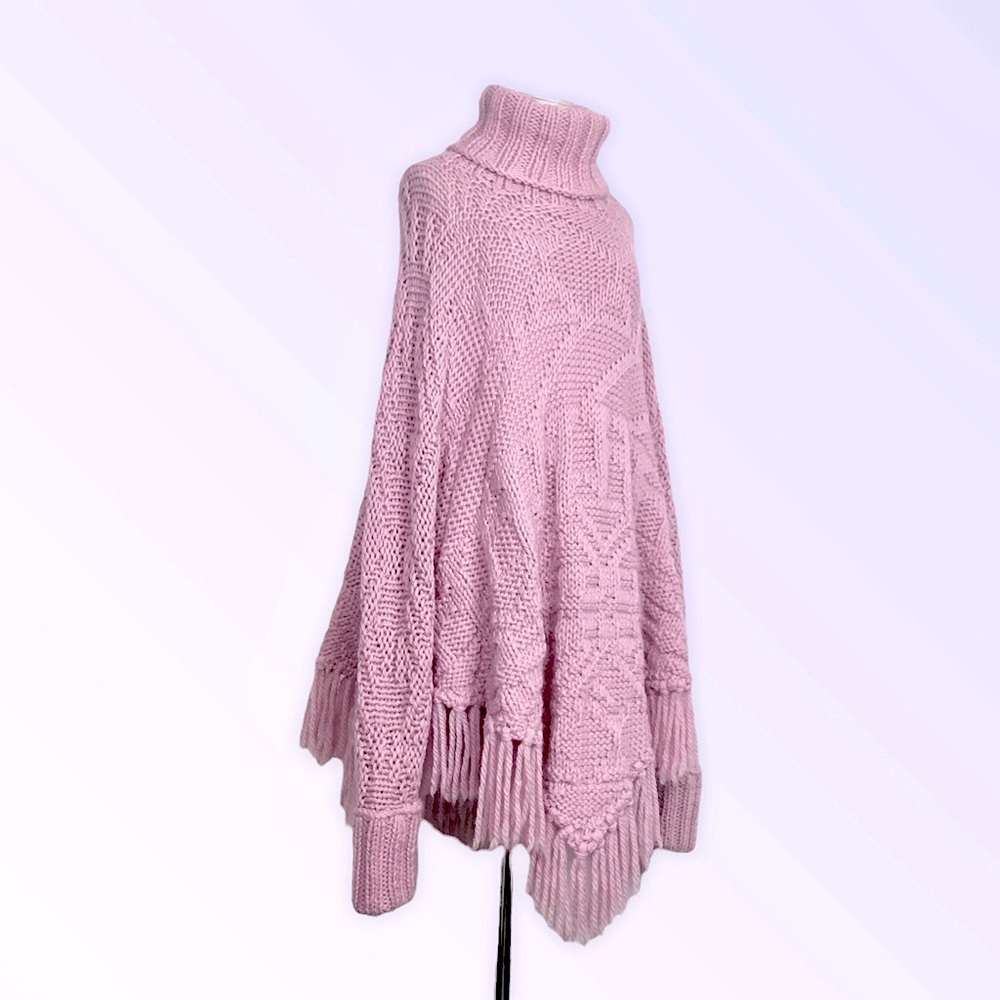 100% wool Elegant Mauve Turtleneck Poncho Sweater - Picture 2 of 13
